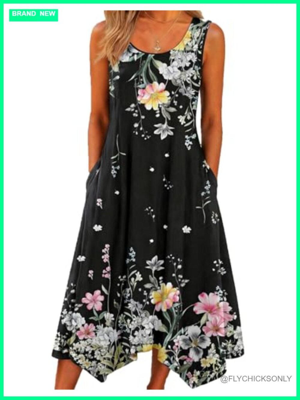 Sleeveless Tank Dress with Pockets Floral Bohemian Summer Beach